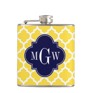 Pineapple Wht Moroccan #5 Navy 3 Initial Monogram Hip Flask