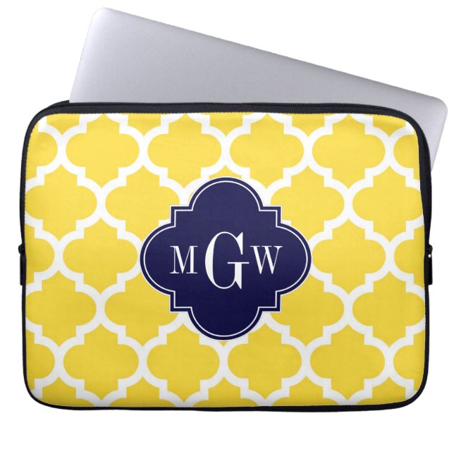 Pineapple Wht Moroccan #5 Navy 3 Initial Monogram Laptop Sleeve (Front)