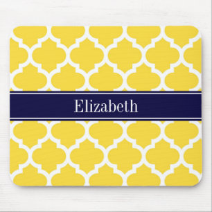 Pineapple Wht Moroccan #5 Navy Blue Name Monogram Mouse Mat