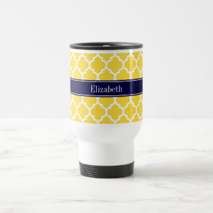Pineapple Wht Moroccan #5 Navy Blue Name Monogram Travel Mug