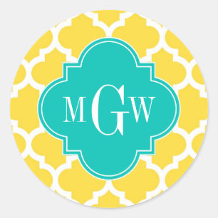 Pineapple Wht Moroccan #5 Teal 3 Initial Monogram Classic Round Sticker