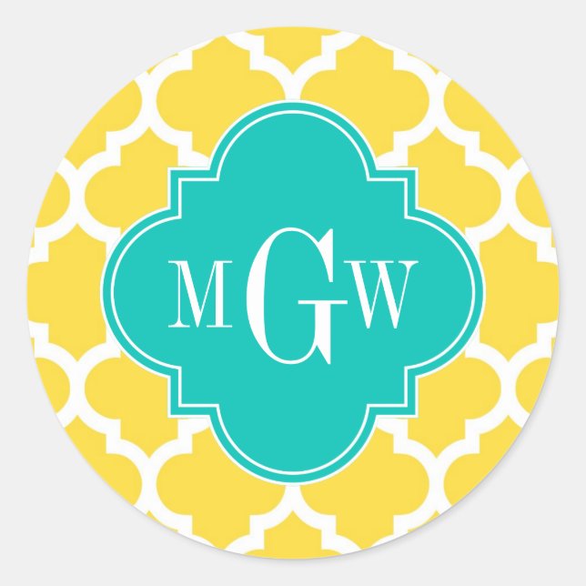 Pineapple Wht Moroccan #5 Teal 3 Initial Monogram Classic Round Sticker (Front)