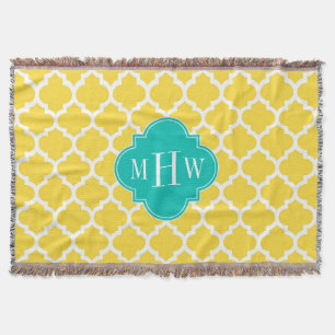 Pineapple Wht Moroccan #5 Teal 3 Initial Monogram Throw Blanket