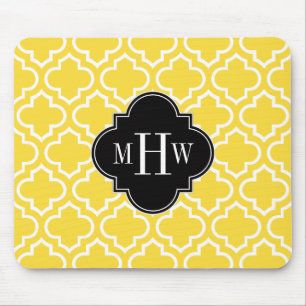 Pineapple Wht Moroccan #6 Black 3 Initial Monogram Mouse Mat