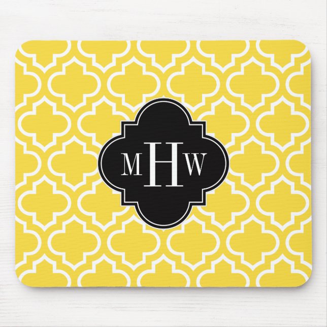 Pineapple Wht Moroccan #6 Black 3 Initial Monogram Mouse Mat (Front)