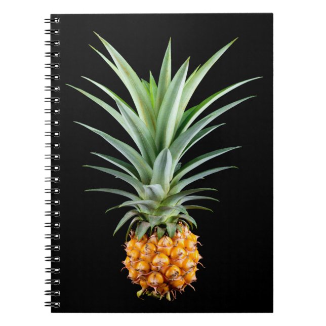 Pineapple with big hairdo on black background notebook (Front)