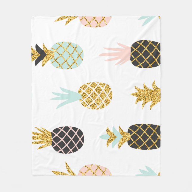 Pineapple with gold glitter, creative pattern. fleece blanket (Front)