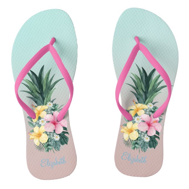 Pineapple With Tropical Flowers Flip Flops (Footbed)