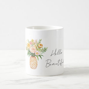 Pineapple Yellow Pink Flowers Hello Beautiful Coffee Mug