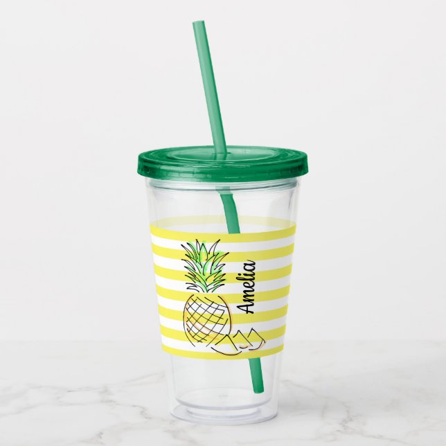 Pineapple Yellow Stripes Summer Personalised Acrylic Tumbler (Left)