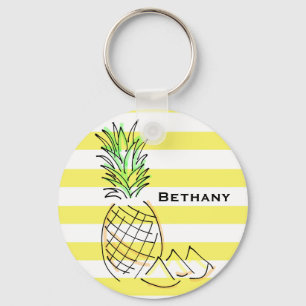 Pineapple Yellow Stripes Summer Personalised Key Ring