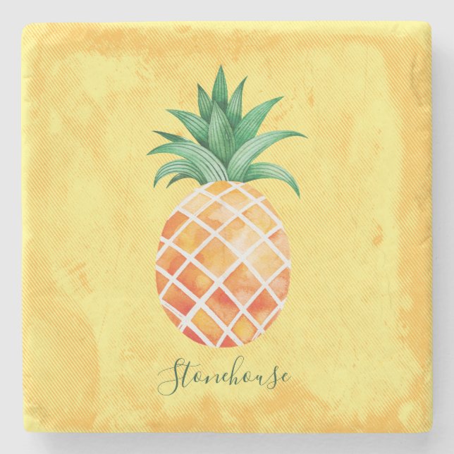 Pineapple Yellow Watercolor Family Monogram Stone Coaster (Front)