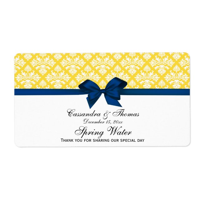 Pineapple Yellow White Damask Water Label Navy Bow (Front)