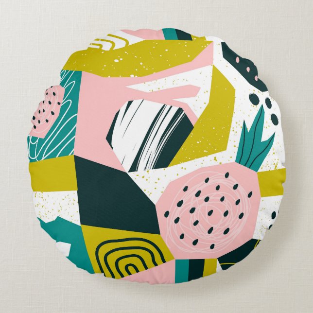 Pineapples Abstract: Colourful Seamless Patchwork Round Cushion (Front)