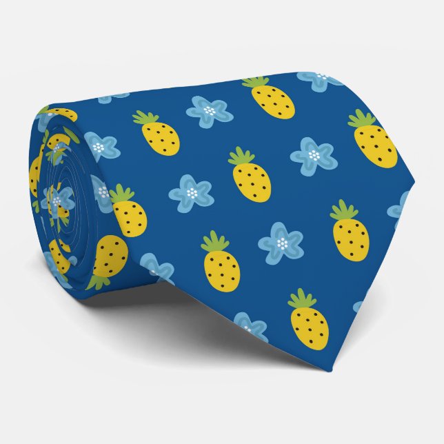 Pineapples and Blue Floral Tropical Pattern Blue Tie (Rolled)
