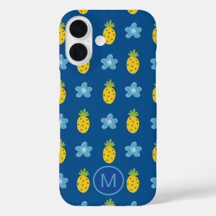 Pineapples and Blue Flowers Monogram iPhone 16 Case