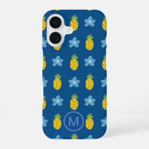 Pineapples and Blue Flowers Monogram iPhone 16 Case