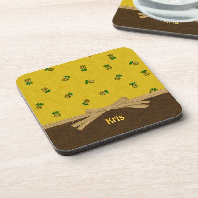 Pineapples and Bow Yellow Tropical Customisable Coaster (Left Side)