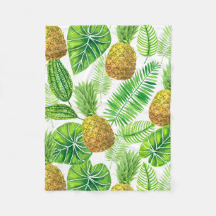 Pineapples and tropical leaves fleece blanket