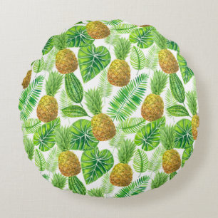 Pineapples and tropical leaves round cushion