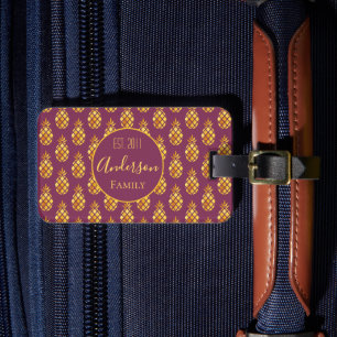Pineapples gold maroon pattern luggage tag