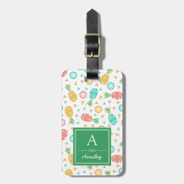 Pineapples | Green Monogram Luggage Tag (Front Vertical)