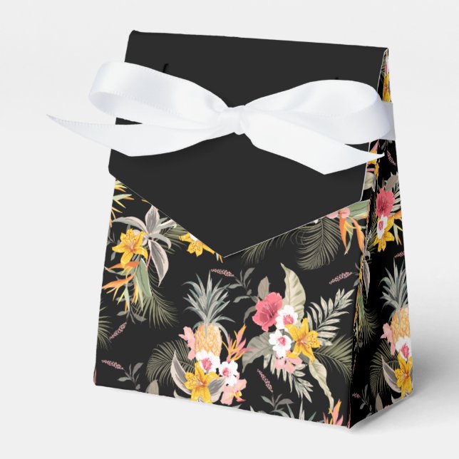 Pineapples Hibiscus Flowers on Black Tent Favour Box (Front Side)