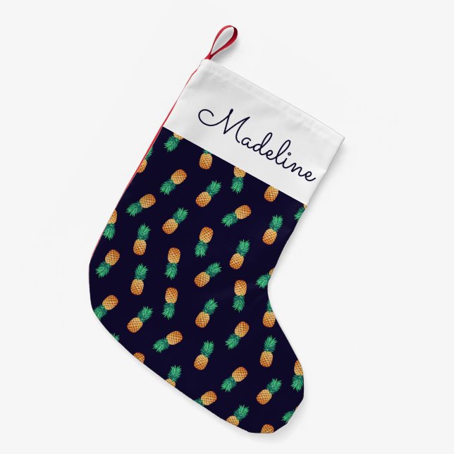 Pineapples On Navy | Add Your Name Small Christmas Stocking (Front (Hanging))