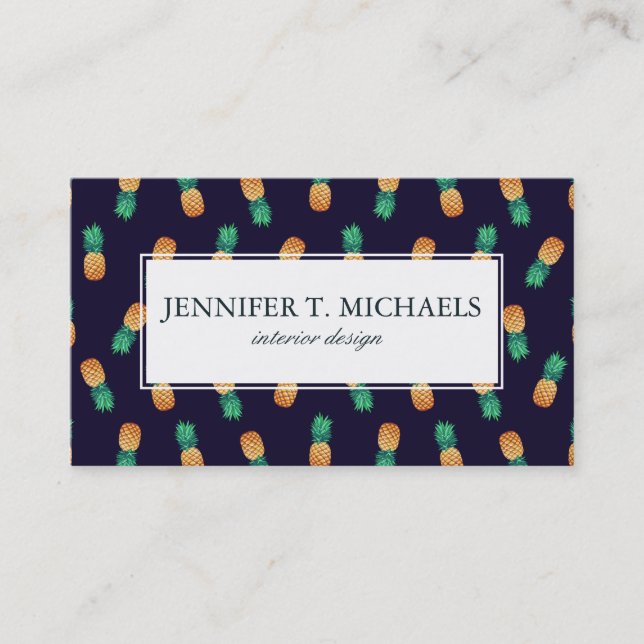 Pineapples On Navy | Monogram Business Card (Front)
