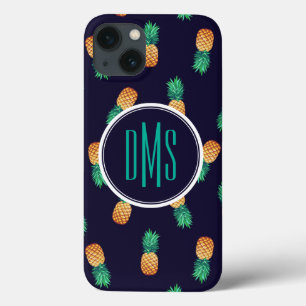 Pineapples On Navy Monogram iPhone 13 Case