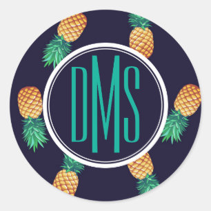 Pineapples On Navy Monogram Classic Round Sticker