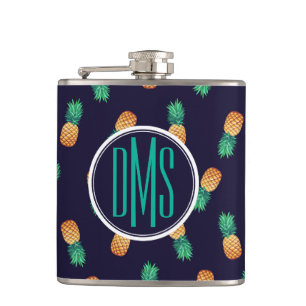 Pineapples On Navy Monogram Hip Flask