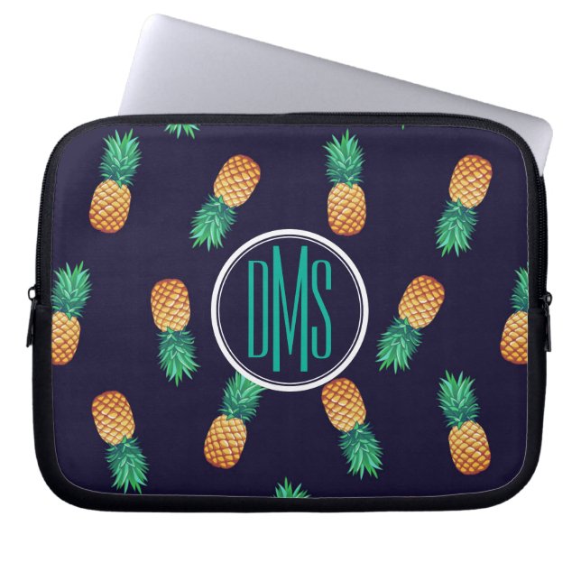 Pineapples On Navy | Monogram Laptop Sleeve (Front)