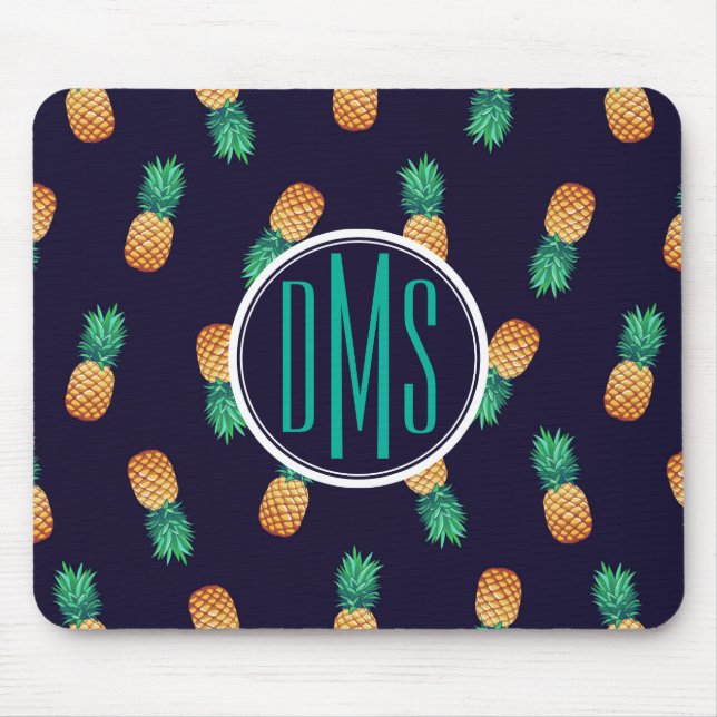 Pineapples On Navy | Monogram Mouse Mat (Front)