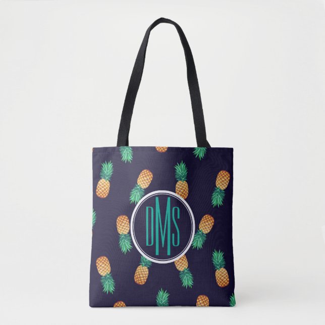 Pineapples On Navy | Monogram Tote Bag (Front)