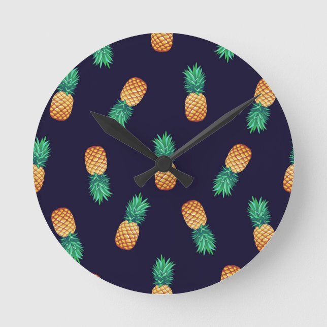 Pineapples On Navy Round Clock (Front)