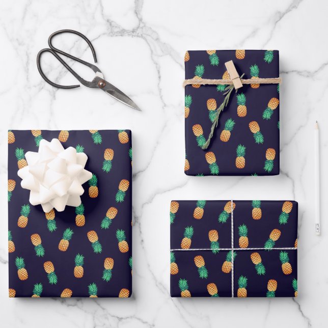 Pineapples On Navy Wrapping Paper Sheet (Front)