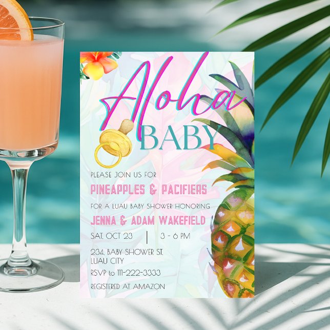 Pineapples & Pacifiers Girl Aloha Luau Baby Shower Invitation (Pineapples Pacifiers Girl Aloha Luau Baby Shower Invitation)