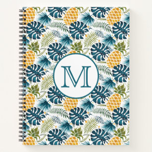 Pineapples palm leaves foliage white monogram notebook