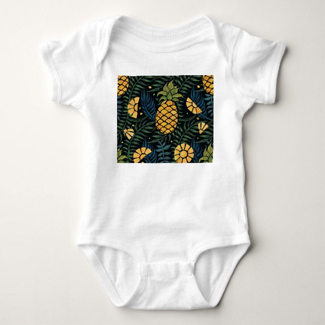 Pineapples, palm leaves: tropical pattern. baby bodysuit (Front)