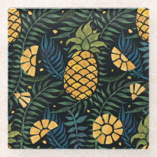Pineapples, palm leaves: tropical pattern. glass coaster