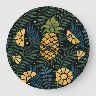 Pineapples, palm leaves: tropical pattern. large clock