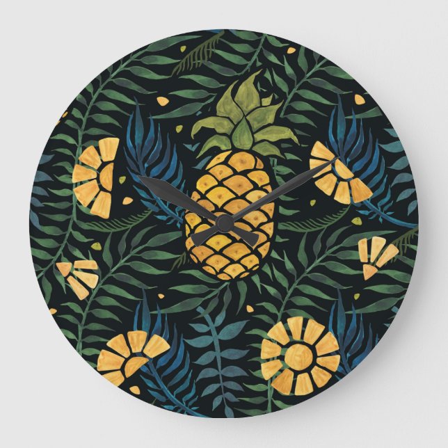 Pineapples, palm leaves: tropical pattern. large clock (Front)