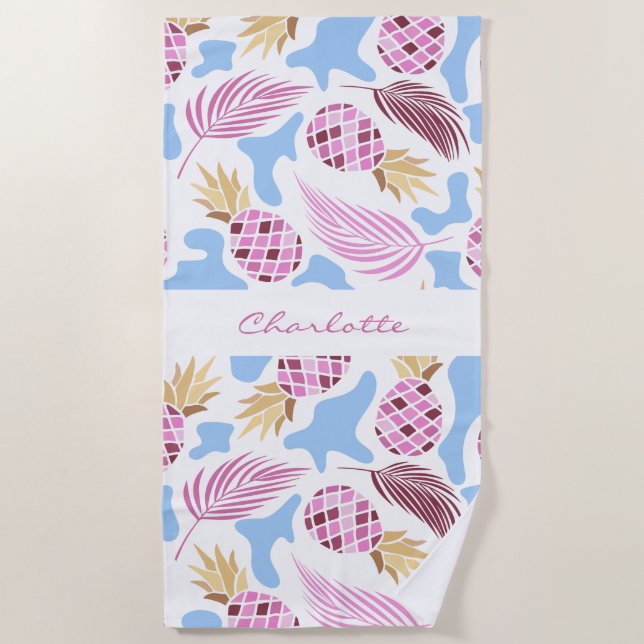 Pineapples pink blue tropical pattern name beach towel (Front)