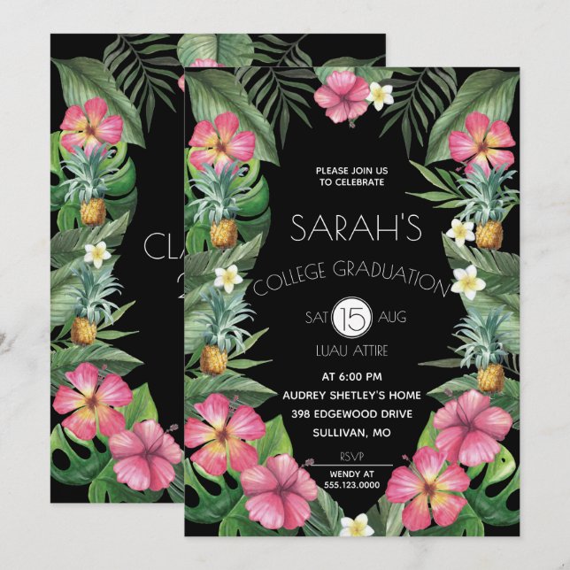 Pineapples & Tropical Flowers Graduation Party Invitation (Front/Back)