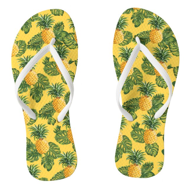 Pineapples & Tropical Leaves On Gold Flip Flops (Footbed)