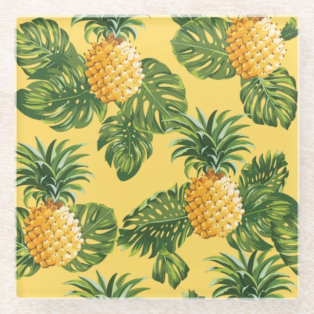 Pineapples & Tropical Leaves On Gold Glass Coaster (Front)