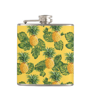 Pineapples & Tropical Leaves On Gold Hip Flask