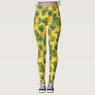 Pineapples & Tropical Leaves On Gold Leggings