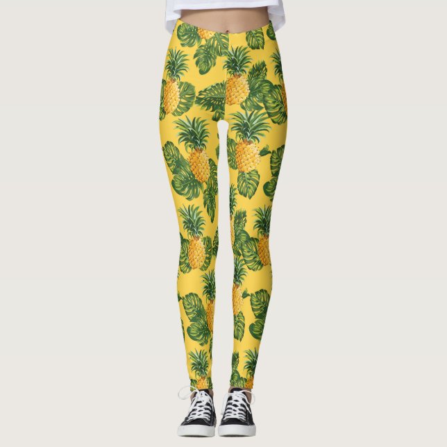Pineapples & Tropical Leaves On Gold Leggings (Front)